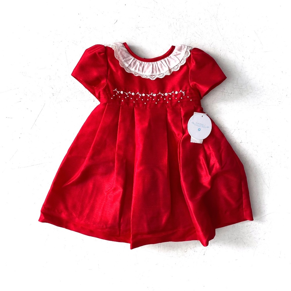 Edgehill Collection Nwt Baby Girl Ruffle Neck Short Sleeve Red Taffeta Dress